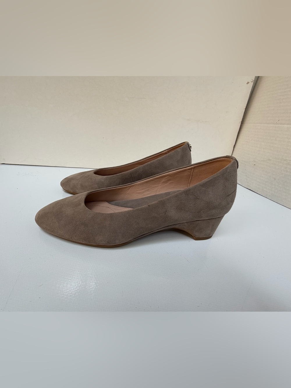 Taryn Rose Taupe Suede Low Wedge Pumps